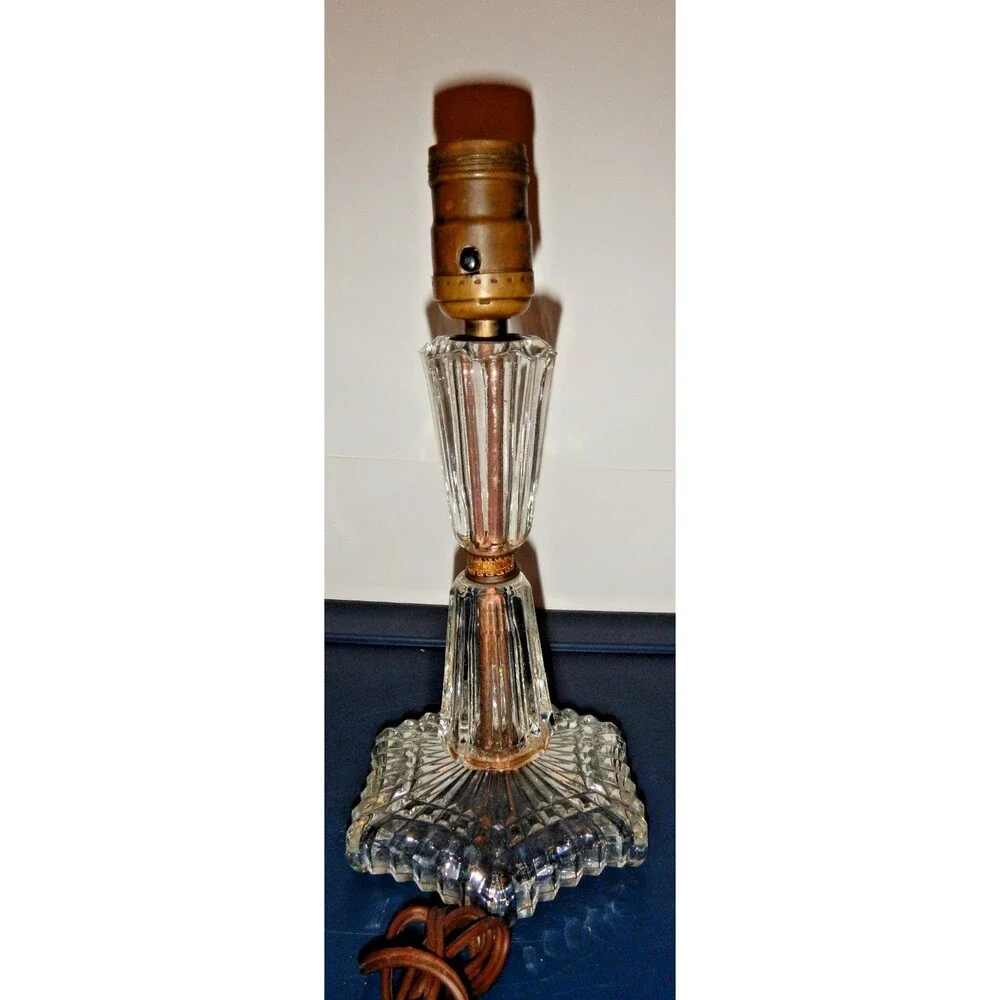 Vintage Pressed Glass Boudoir Table Lamp 10in Star Base Ribbed Column Vanity